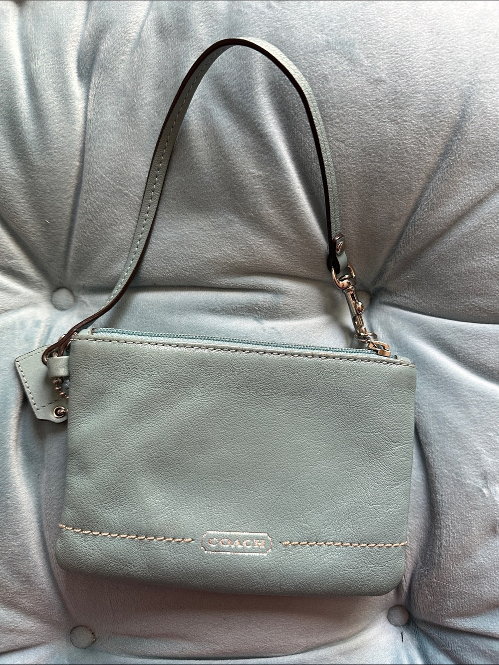 Coach Pale Blue Leather Wristlet Clutch